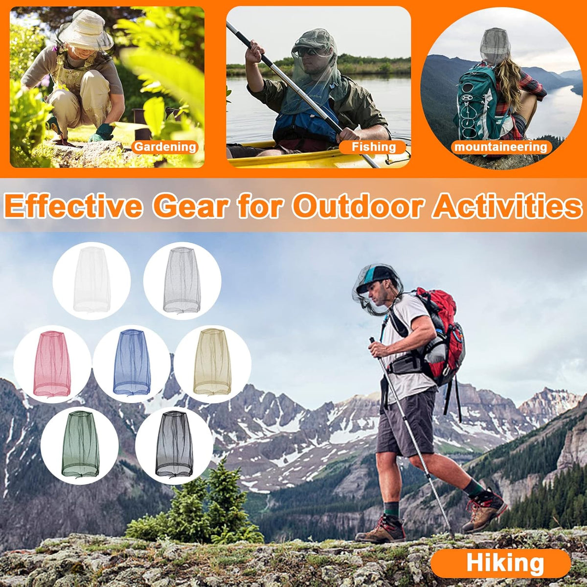 Benvo Mosquito Head Net Mesh, Face Neck Fly Netting Hood from Bugs Gnats Noseeums Screen Net for Any Outdoor Lover- with Carry Bags Fits Most Sizes of Hats Caps (2pcs, Black, Updated Big Net)