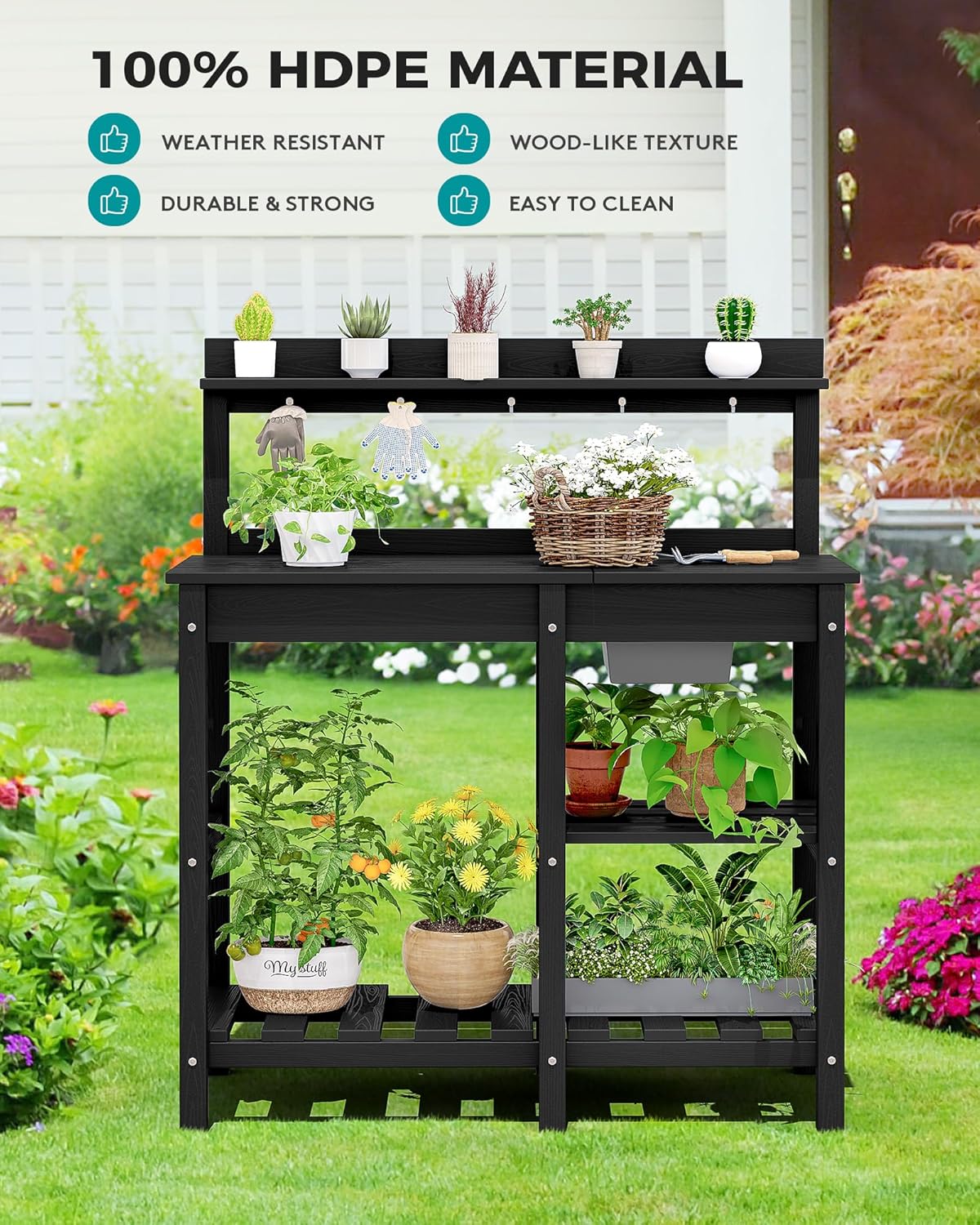 SERWALL Outdoor Potting Bench with Removeable Sink,Rot-Resistant HDPE Potting Table for Outside Gardening, All Weather Use - Gray