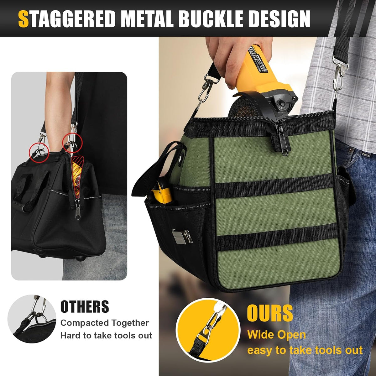 UUP Heavy Duty Tool Bag 15-Inch, 16-Pocket Portable Empty Tool Box Organizer, Big Storage Toolbox Organization, Soft Handle Large Zipper Carrying Toolbag, Father Day Gifts for Him Dad Men, Green