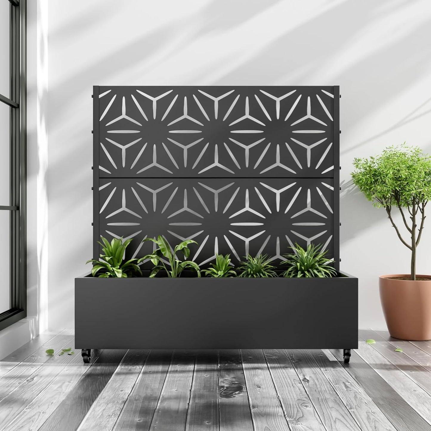 Casaphoria Metal Raised Garden Bed with Trellis and Wheels, 72"x47"x16" Planter Box for Climbing Plants, Vegetables & Vines, Features Drainage Holes and Privacy Screen (Black-Louver) - Colors A