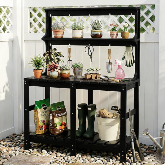 Outdoor Potting Bench with 3 Tier, All-Weather Patio Potting Table with Tool Hooks, HDPE Gardening Table for Backyard, Garden, Brown