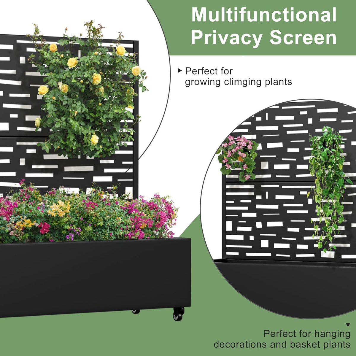 Casaphoria Metal Raised Garden Bed with Trellis and Wheels, 72"x47"x16" Planter Box for Climbing Plants, Vegetables & Vines, Features Drainage Holes and Privacy Screen (Black-Louver) - Colors C