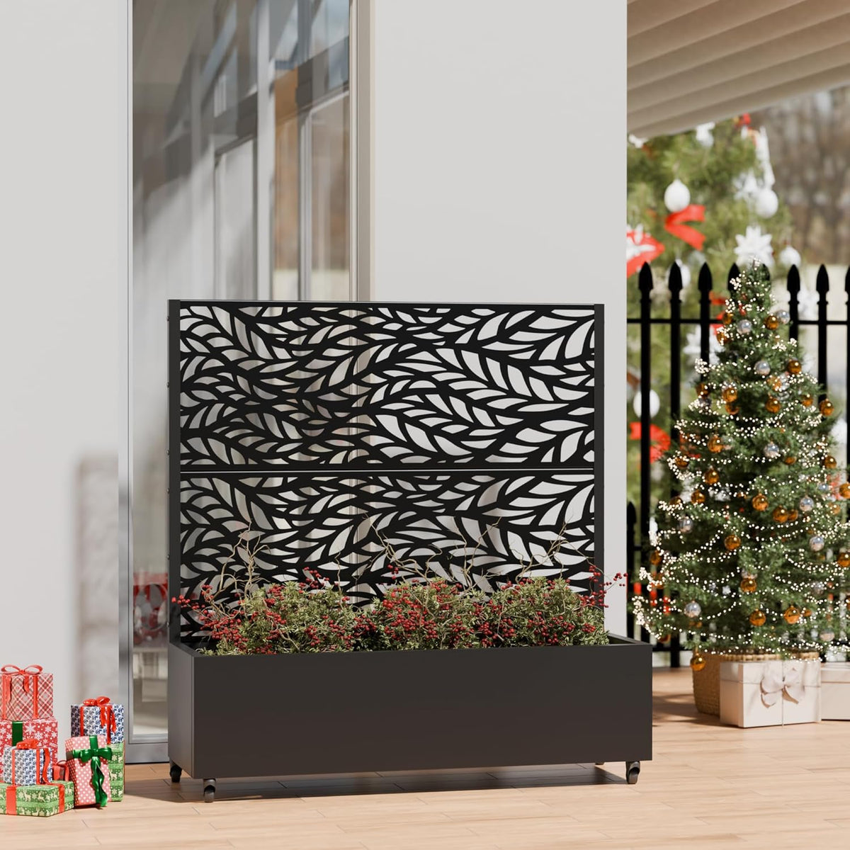 Casaphoria Metal Raised Garden Bed with Trellis and Wheels, 72"x47"x16" Planter Box for Climbing Plants, Vegetables & Vines, Features Drainage Holes and Privacy Screen (Black-Louver) - Colors D