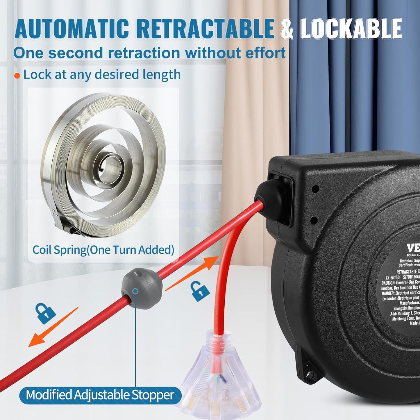 65FT Retractable Extension Cord Reel, Heavy Duty 12AWG/3C SJTOW Cord