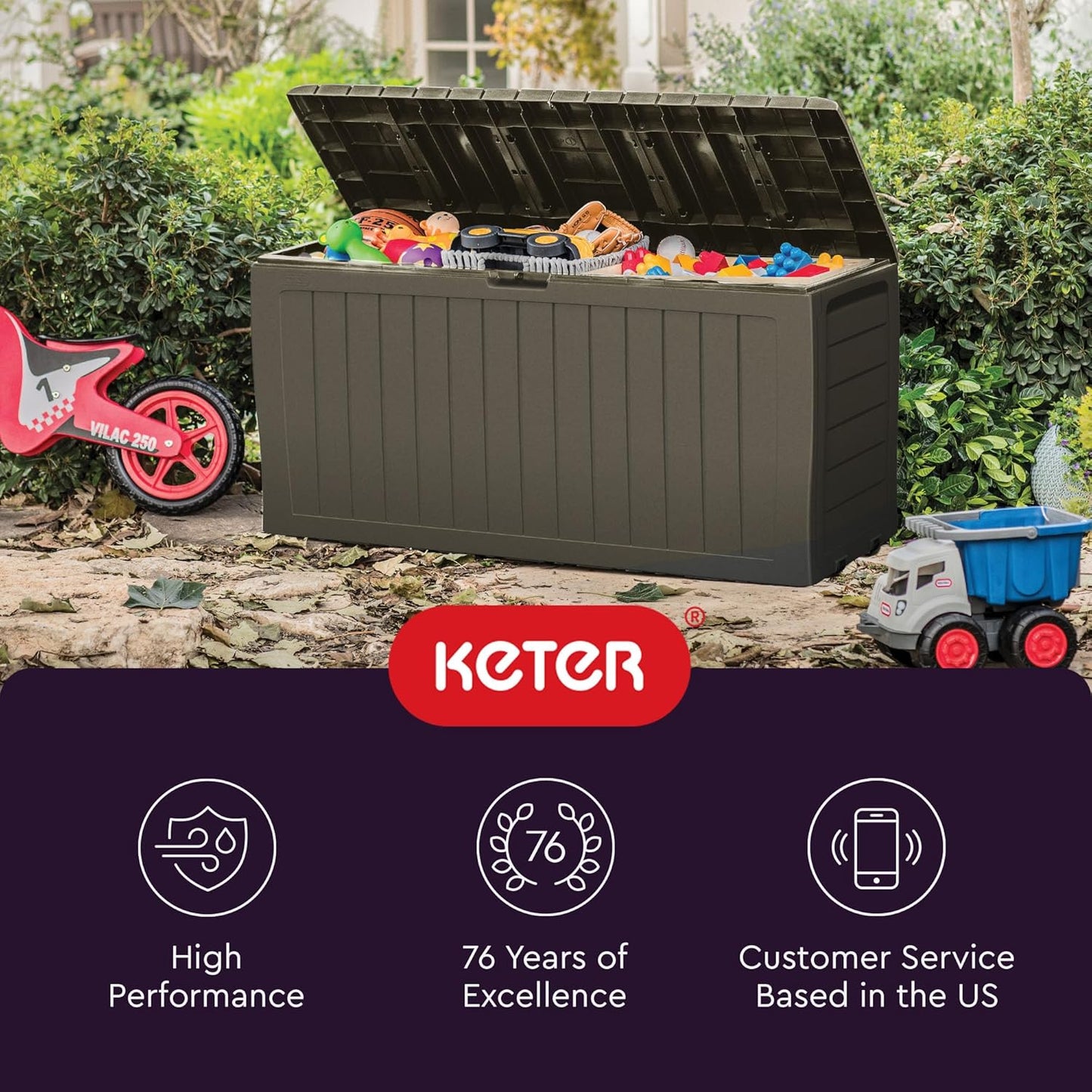 Keter Marvel Plus 71 Gallon Resin Outdoor Storage Box for Patio Furniture Cushions, Throw Pillows, Garden Tools and Pool Floats, Brown