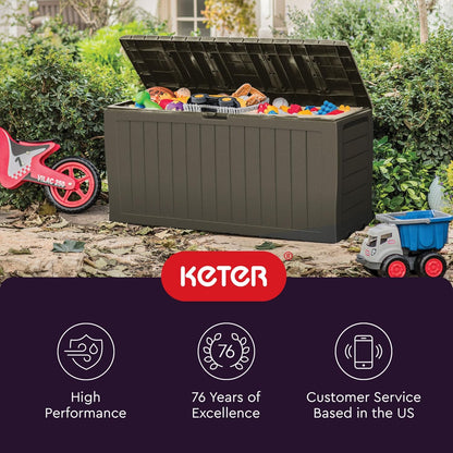 Keter Marvel Plus 71 Gallon Resin Outdoor Storage Box for Patio Furniture Cushions, Throw Pillows, Garden Tools and Pool Floats, Brown