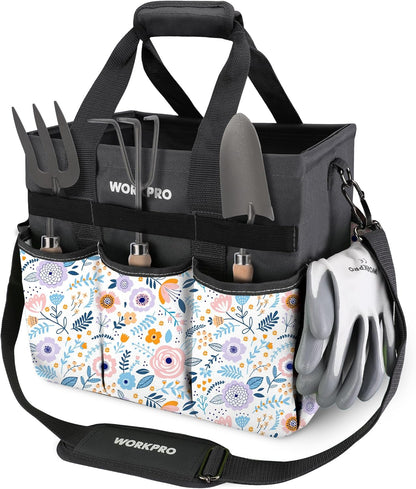 WORKPRO Garden Tool Bag Organizer, Heavy Duty Gardening Tote Bag with 10 Pockets and Long Adjustable Shoulder Strap, Standable Garden Home Tool Kits Organizer, Green (Tools are not Included)
