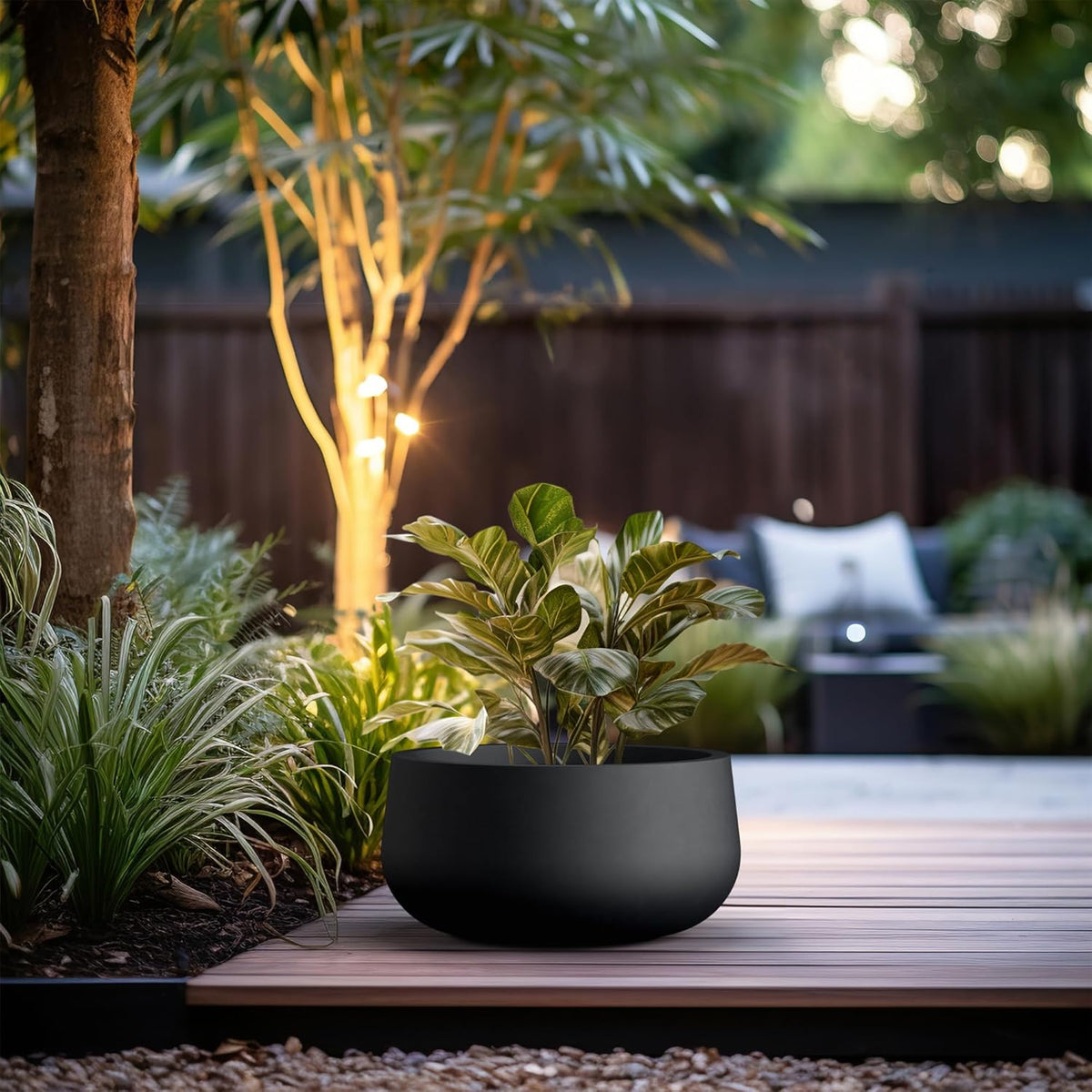 Kante 15.7" Dia Round Concrete Planter, Outdoor Indoor Garden Plant Pots with Drainage Hole and Rubber Plug, Modern Curvaceous Design, Slate Gray