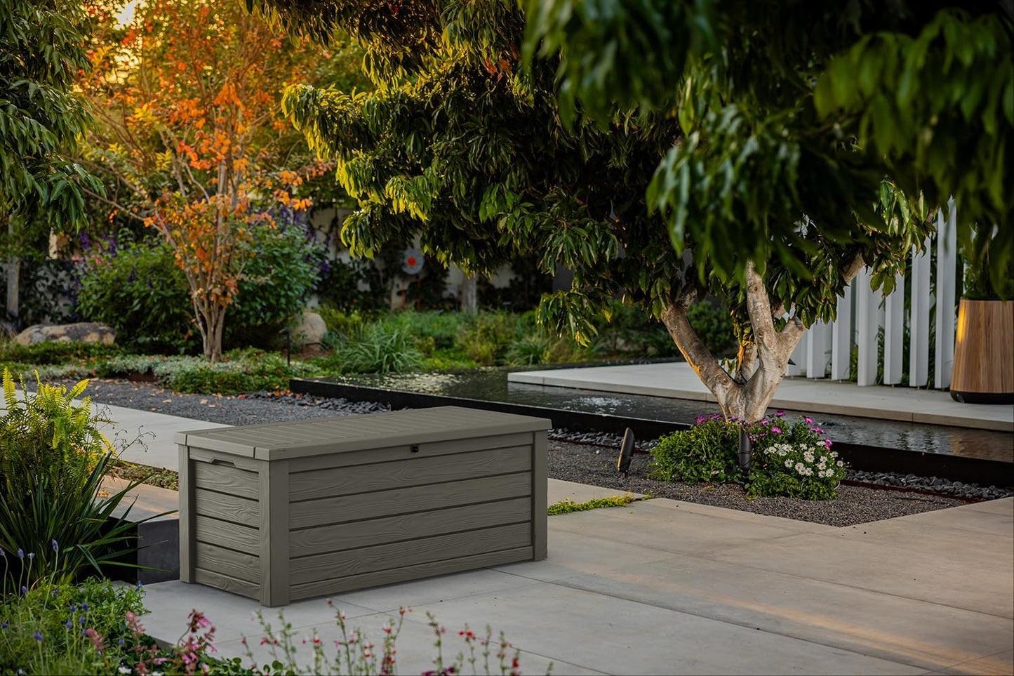 Keter 150 Gallon Resin Large Deck Box Organization and Storage Box for Patio, Outdoor Cushions, Garden Tools, Brown