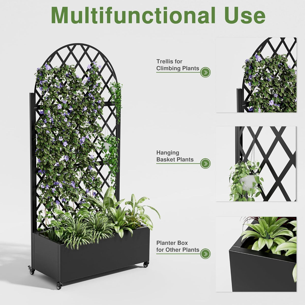 Casaphoria Metal Raised Garden Bed with Trellis and Wheels, 72"x47"x16" Planter Box for Climbing Plants, Vegetables & Vines, Features Drainage Holes and Privacy Screen (Black-Louver) - Colors C