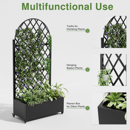 Casaphoria Metal Raised Garden Bed with Trellis and Wheels, 72"x47"x16" Planter Box for Climbing Plants, Vegetables & Vines, Features Drainage Holes and Privacy Screen (Black-Louver) - Colors C