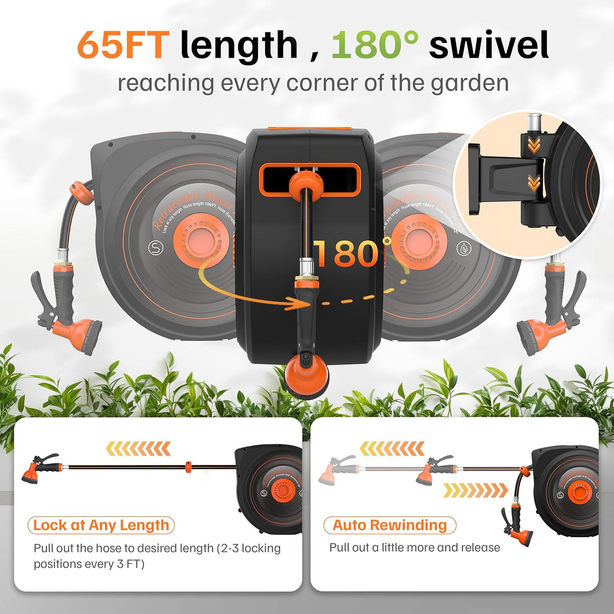 Mars Villa Retractable Garden Hose Reel 1/2 IN x 50 FT, Wall Mounted Heavy Duty Water Hose for Outside, Auto-Rewind & Any Length Lock, 180° Swivel Bracket, Slow Return, 10 Spray Patterns, UV-Resistant