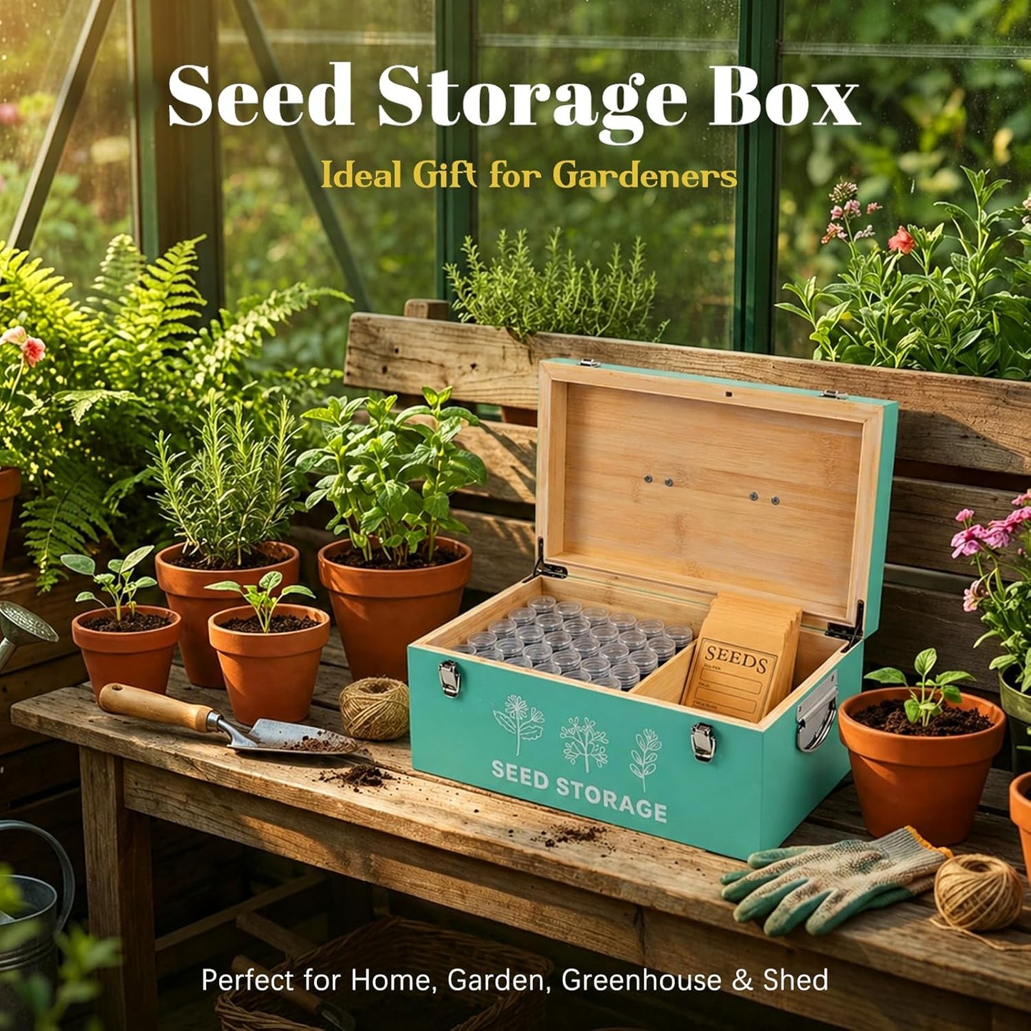 60 Slots Seed Storage Organizer, Metal Seed Saving Box with Lid and Safety Locks, Seeds Storage Container with 60 Seeds Envelopes and 64 Label, 3 Compartments, Perfect for Flower Plants Garden