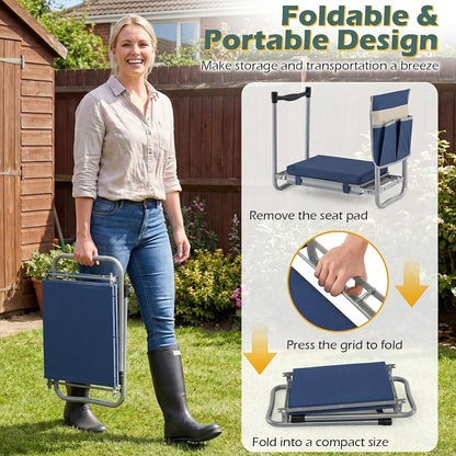 2-in-1 Garden Kneeler & Seat, Folding Seat w/EVA Foam Kneeling Pad & Removable Tools Pouch, Sturdy Steel Frame, No Assembly, Portable Heavy Duty Garden Stool for Women & Men