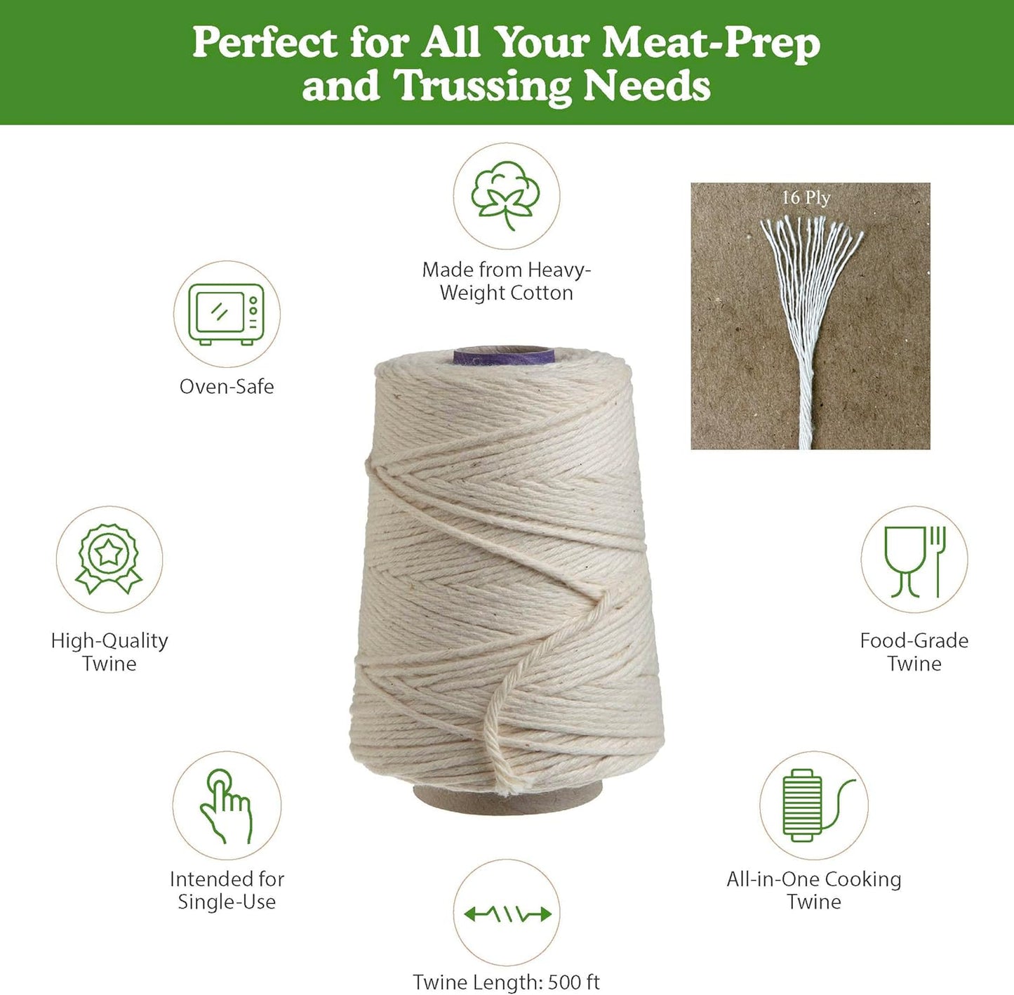 Regency Wraps Butchers Cooking Twine on Holder with Cutter, Heavy Duty, 500ft, 16 Ply, 2.4mm Food-Safe Cotton Kitchen String for Turkey Trussing, Meat Prep, Crafting