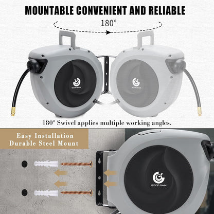 Air Hose Reel Retractable 3/8 in. x 50 ft Hybrid Polymer Hose, Retractable Auto-Rewind Enclosed Heavy Duty 180° Swivel Mount, Max 300PSI Commerical Polypropylene Grey