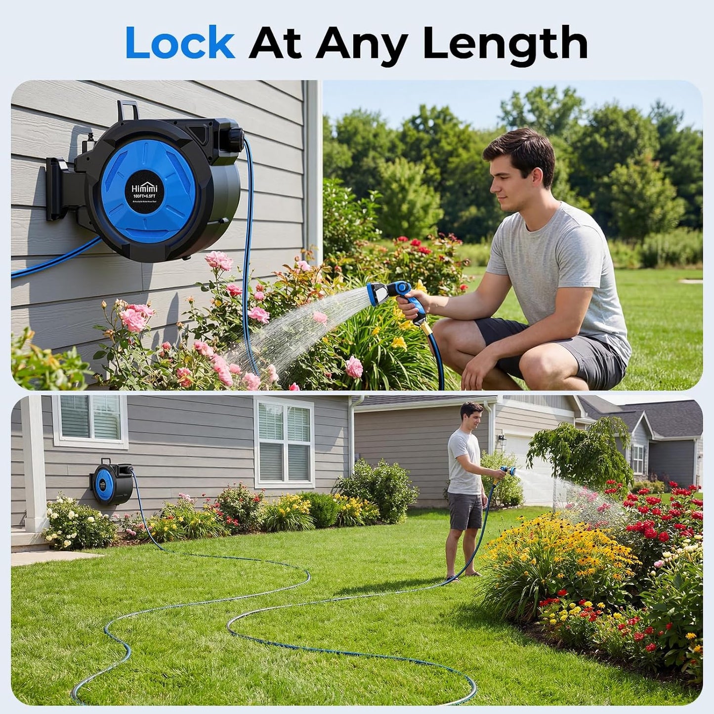Retractable Garden Hose Reel, 5/8" x 90FT Automatic Retractable Water Hose Reel Wall Mount, with 10- Function Sprayer Nozzle, Any Length Lock/Auto Rewind/180°Swivel