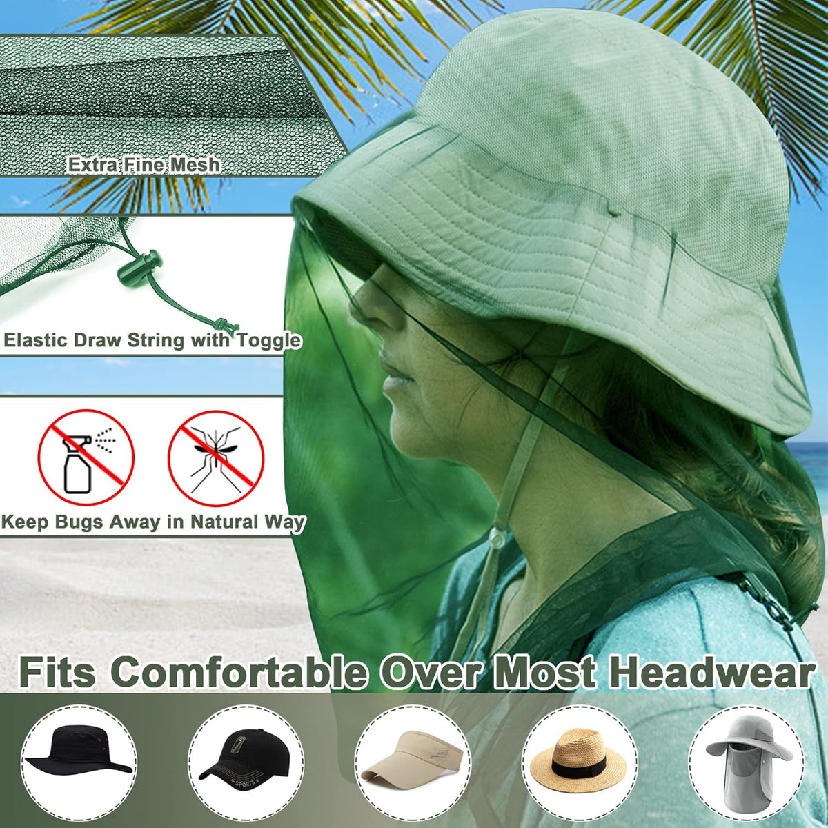 Benvo Mosquito Head Net Mesh, Face Neck Fly Netting Hood from Bugs Gnats Noseeums Screen Net for Any Outdoor Lover- with Carry Bags Fits Most Sizes of Hats Caps (2pcs, Black, Updated Big Net)