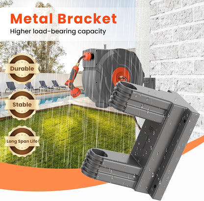 Retractable Garden Hose Reel 90 ft 5/8 inch Automatic Rewind with Any-Length Lock 9 Pattern Nozzle Sprayer 180° Swivel Wall-Mounted Hose Reel for Home Yards
