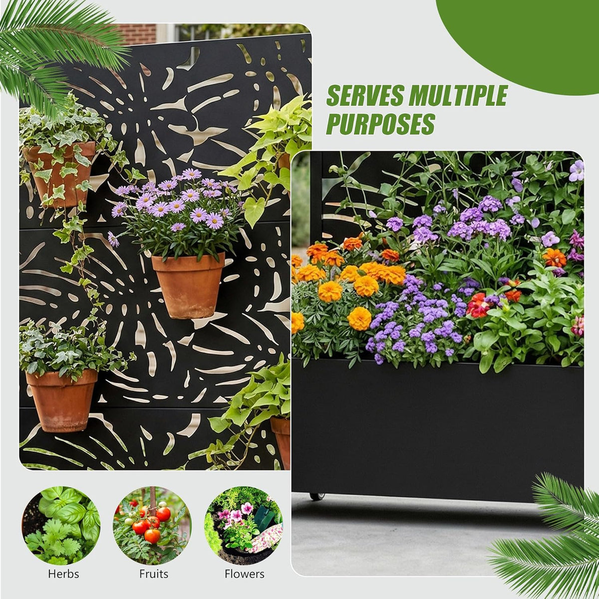 Casaphoria Metal Raised Garden Bed with Trellis and Wheels, 72"x47"x16" Planter Box for Climbing Plants, Vegetables & Vines, Features Drainage Holes and Privacy Screen (Black-Louver) - Colors B