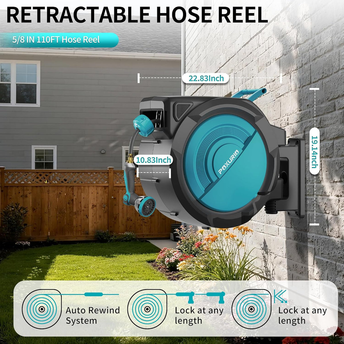 1/2" 150FT Retractable Garden Hose Reel, Wall Mounted Automatic Hose Reel with Upgraded 10 Pattern Nozzle/Any Length Lock/Slow Return System/180°Swivel Bracket, AquaBlue