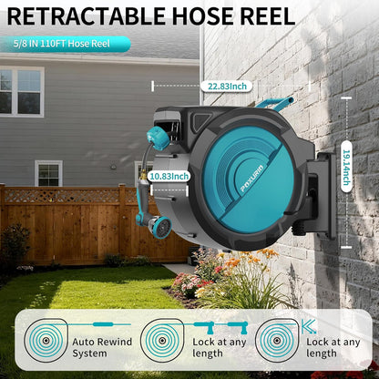 1/2" 150FT Retractable Garden Hose Reel, Wall Mounted Automatic Hose Reel with Upgraded 10 Pattern Nozzle/Any Length Lock/Slow Return System/180°Swivel Bracket, AquaBlue
