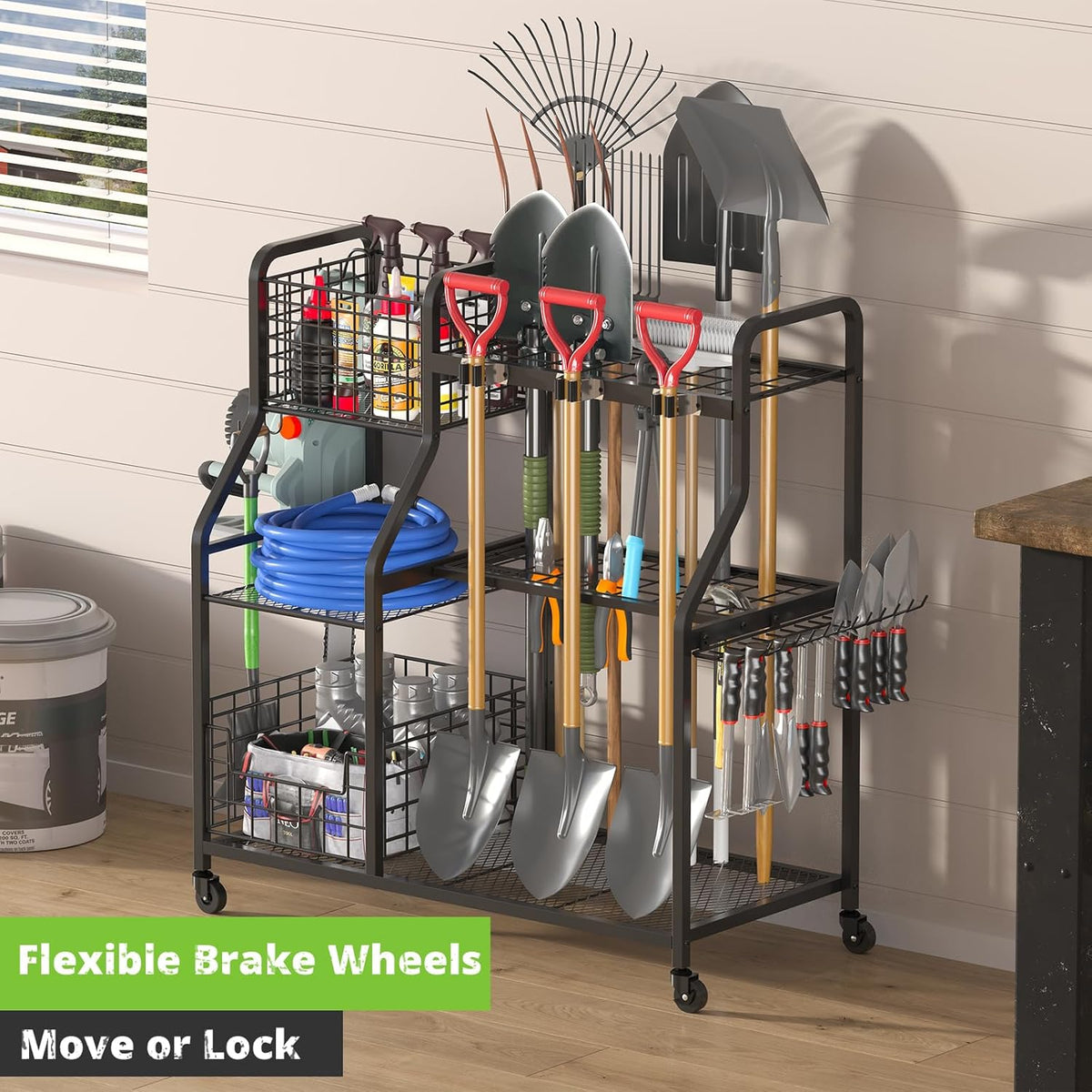keomaisyto Garden Tool Organizer for Garage Organization, 3 Tier Yard Tool Storage Rack with 35 Long-Handled Tool Slots, Heavy Duty Garden Tool Holder with Large Hooks for Shed, Yard, Garage