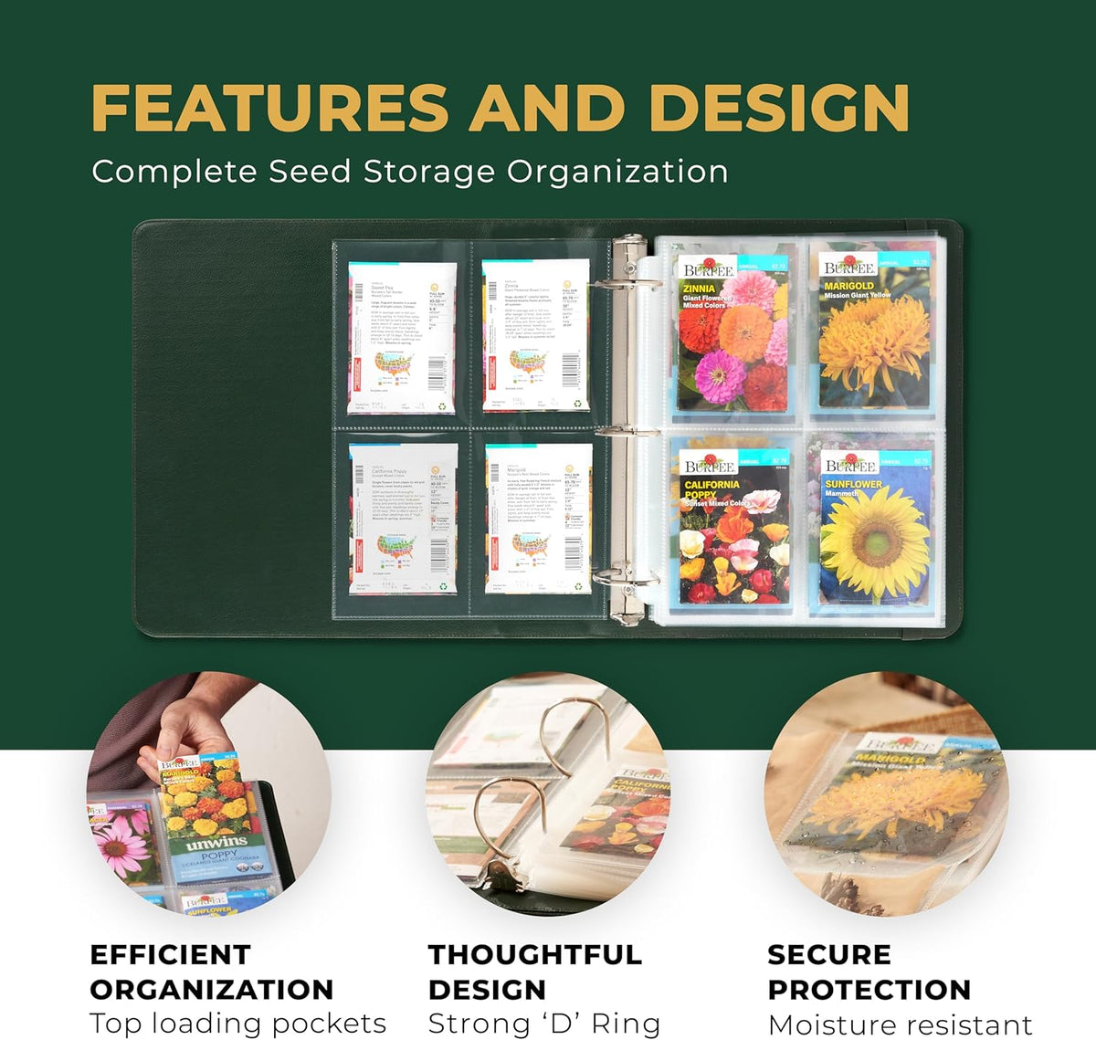 WILDGOOSE Seed Storage Organizer Binder - Seed Packet Organizer with 50 Pack Sheet Protectors That Stores 200 Seed Envelopes. (Blue)