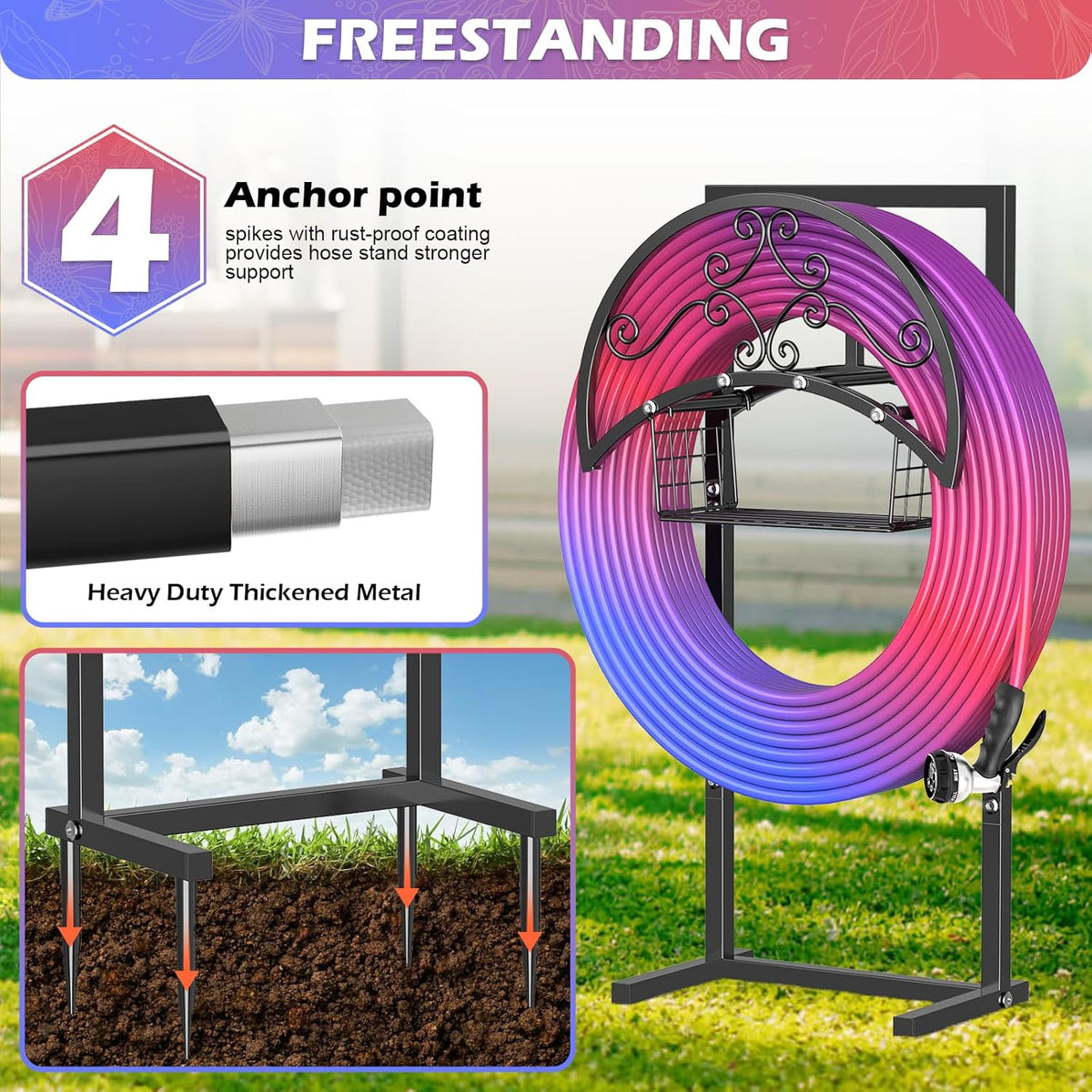 OLV Hose Holder Holds 150-ft Water Pipe, Outdoor Freestanding Heavy Duty Water Hose Holder Reel with 4 Spikes, Detachable Metal Hose Storage Stand Hanger Rack for Outside Yard Lawn Farm, Black