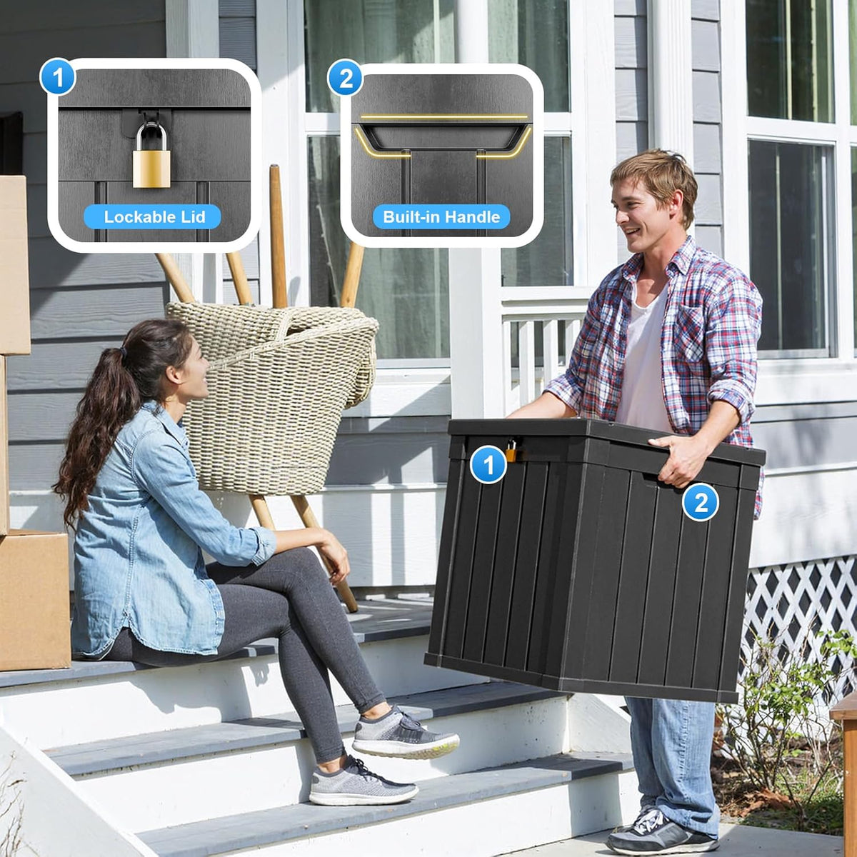 30 Gallon Outdoor Deck Box, Lockable Waterproof Outdoor Storage Boxes For Garden Tools,Indoor Cushions,Accessories Outside Storage Resin Weatherproof Container(Black)