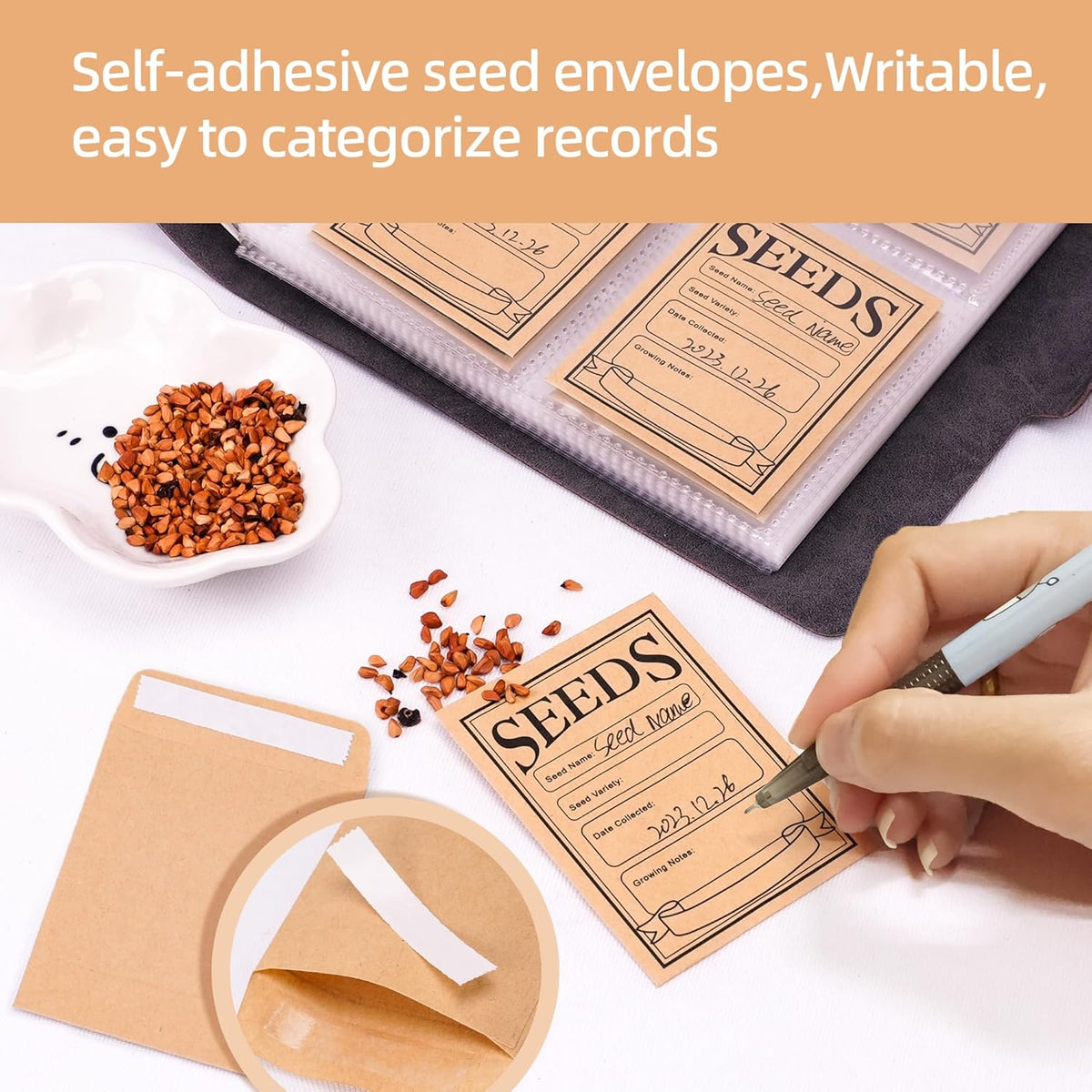 Seed Packet Organizer Binder, Garden Planner Packet with 25 Pack Clear Pocket Sleeves(Slot 3.9" x 5.5") 50Pcs Seed Storage Envelopes, Fit for Standard Seed Packets