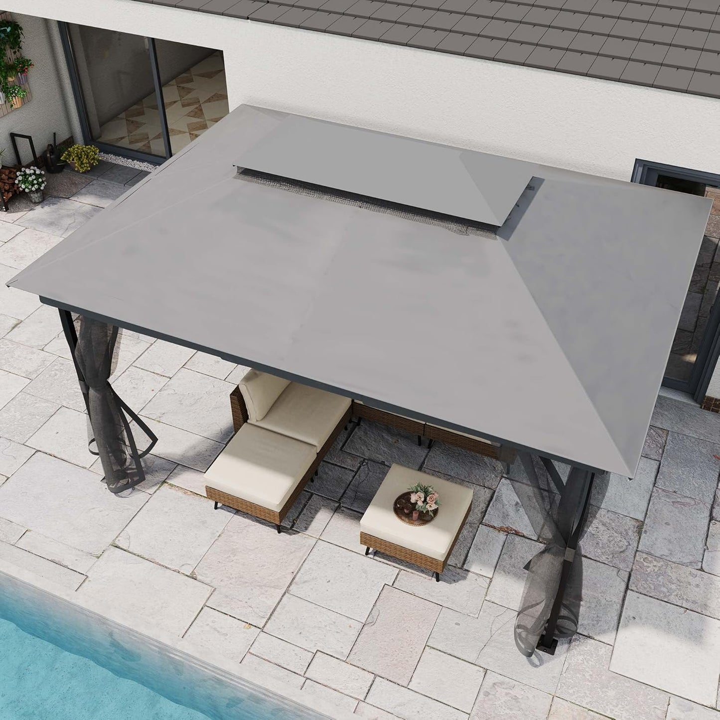 10x20 Gazebo Canopy with 100FT String Lights, Metal Heavy Duty Patio Canopy Tent with Double Roofs, Mosquito Nettings and Privacy Screens for Backyard, Garden, Lawn, Gray