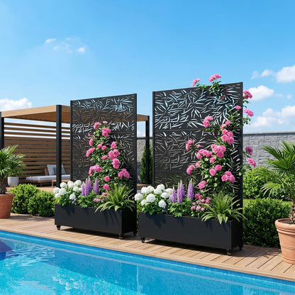 Casaphoria Metal Raised Garden Bed with Trellis and Wheels, 72"x47"x16" Planter Box for Climbing Plants, Vegetables & Vines, Features Drainage Holes and Privacy Screen (Black-Louver) - Colors A