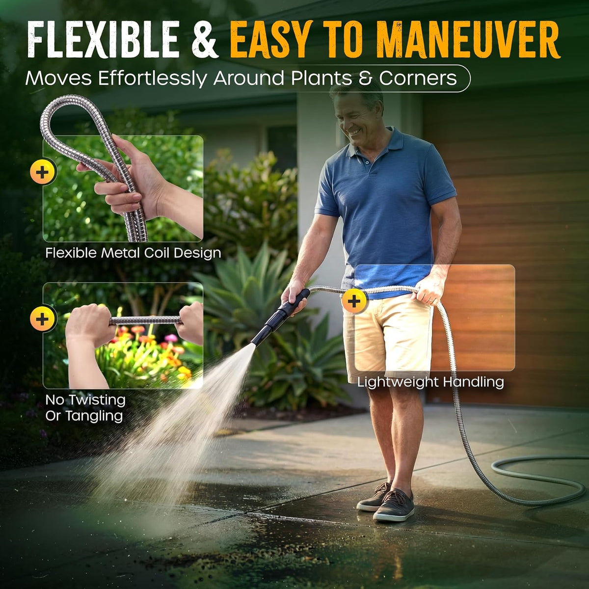 Bernini 40-Ft Metal Garden Hose with Storage Pot, Heavy-Duty, Flexible and Expandable Garden Hose, Kink-Free Stainless Steel, Includes Spray Nozzle & Brass Fittings