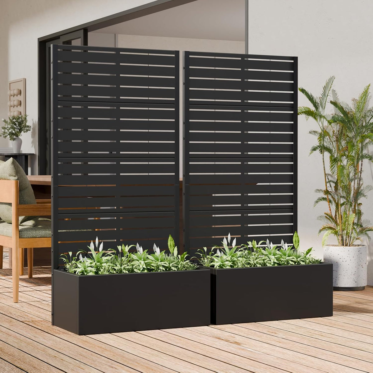 Casaphoria Metal Raised Garden Bed with Trellis and Wheels, 72"x47"x16" Planter Box for Climbing Plants, Vegetables & Vines, Features Drainage Holes and Privacy Screen (Black-Louver) - Colors D