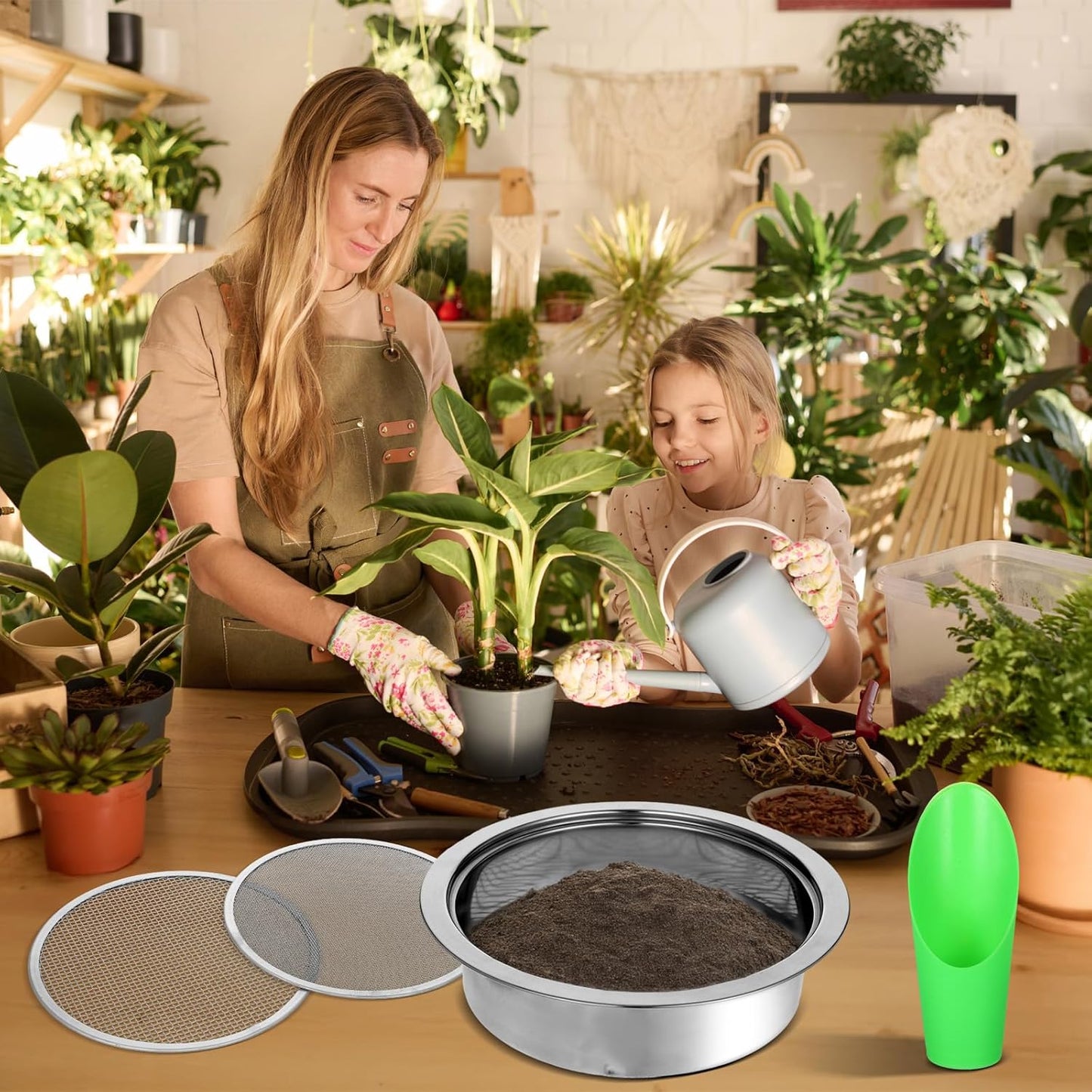 Soil Sieve Set Garden Soils Sifter Stainless Steel Mesh Sifters Compost Sifter with 1,3,6,9,12mm Sieve Mesh and Bonsai Soil Scoop