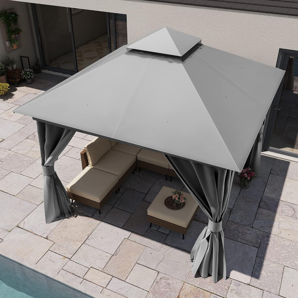 10x20 Gazebo Canopy with 100FT String Lights, Metal Heavy Duty Patio Canopy Tent with Double Roofs, Mosquito Nettings and Privacy Screens for Backyard, Garden, Lawn, Gray