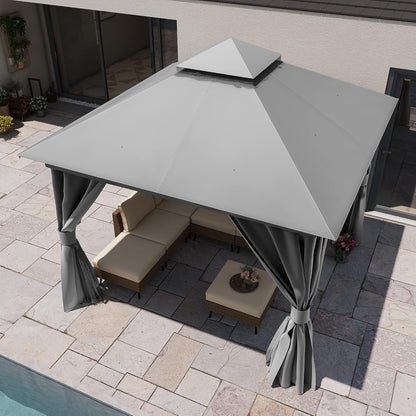 10x20 Gazebo Canopy with 100FT String Lights, Metal Heavy Duty Patio Canopy Tent with Double Roofs, Mosquito Nettings and Privacy Screens for Backyard, Garden, Lawn, Gray