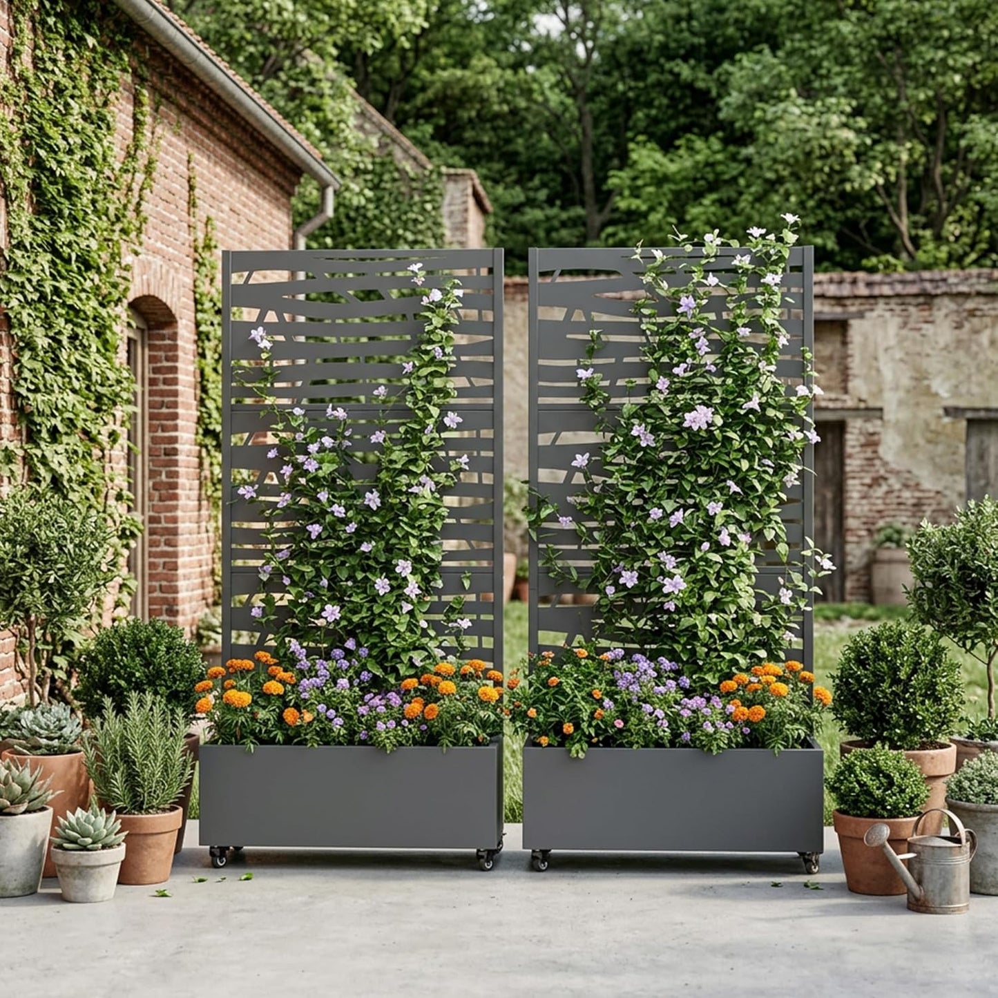 Casaphoria Metal Raised Garden Bed with Trellis and Wheels, 72"x47"x16" Planter Box for Climbing Plants, Vegetables & Vines, Features Drainage Holes and Privacy Screen (Black-Louver) - Colors D