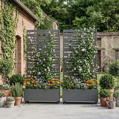Casaphoria Metal Raised Garden Bed with Trellis and Wheels, 72"x47"x16" Planter Box for Climbing Plants, Vegetables & Vines, Features Drainage Holes and Privacy Screen (Black-Louver) - Colors D