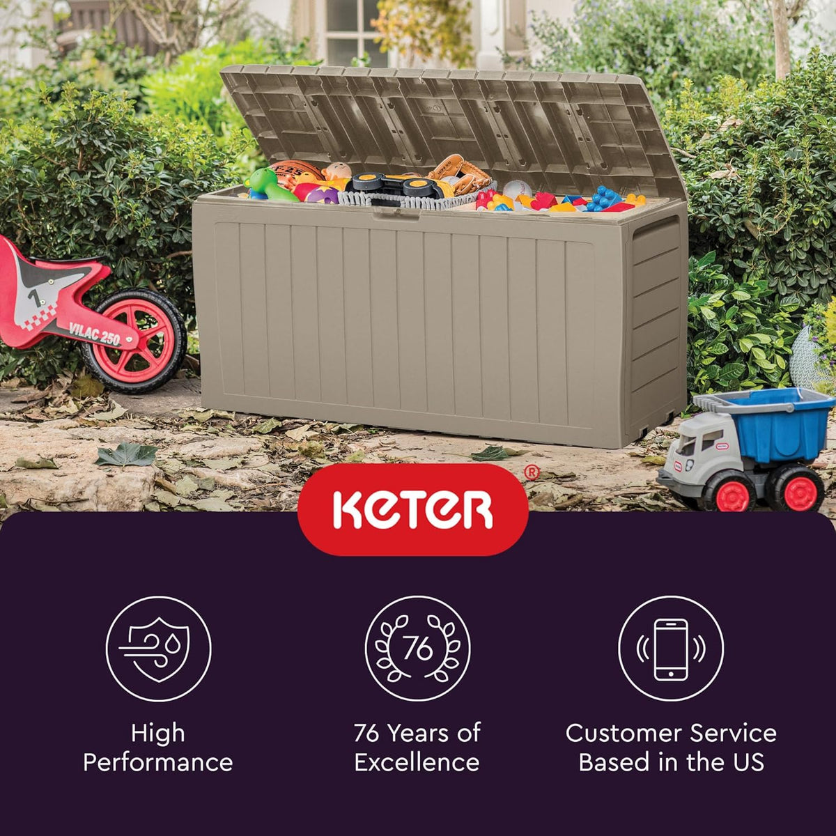 Keter Marvel Plus 71 Gallon Resin Outdoor Storage Box for Patio Furniture Cushions, Throw Pillows, Garden Tools and Pool Floats, Brown