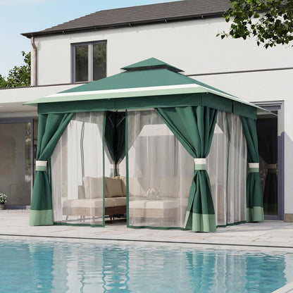 10x20 Gazebo Canopy with 100FT String Lights, Metal Heavy Duty Patio Canopy Tent with Double Roofs, Mosquito Nettings and Privacy Screens for Backyard, Garden, Lawn, Gray