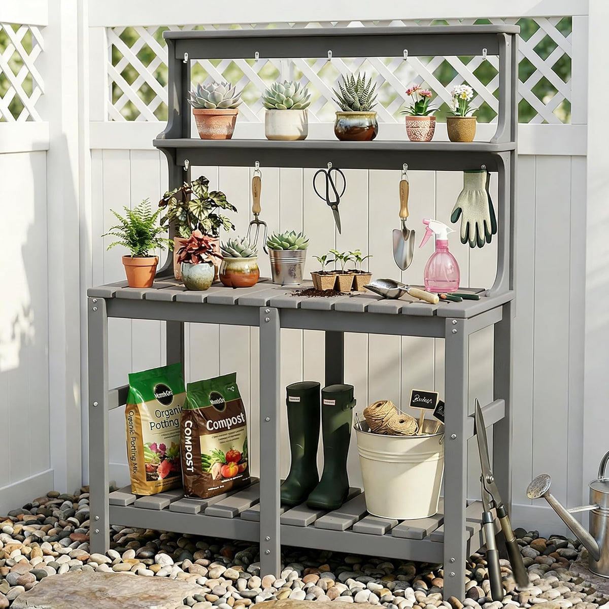 Outdoor Potting Bench with 3 Tier, All-Weather Patio Potting Table with Tool Hooks, HDPE Gardening Table for Backyard, Garden, Brown