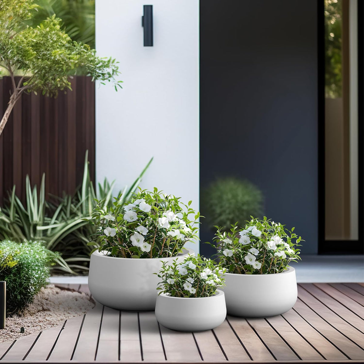 Kante 15.7" Dia Round Concrete Planter, Outdoor Indoor Garden Plant Pots with Drainage Hole and Rubber Plug, Modern Curvaceous Design, Slate Gray