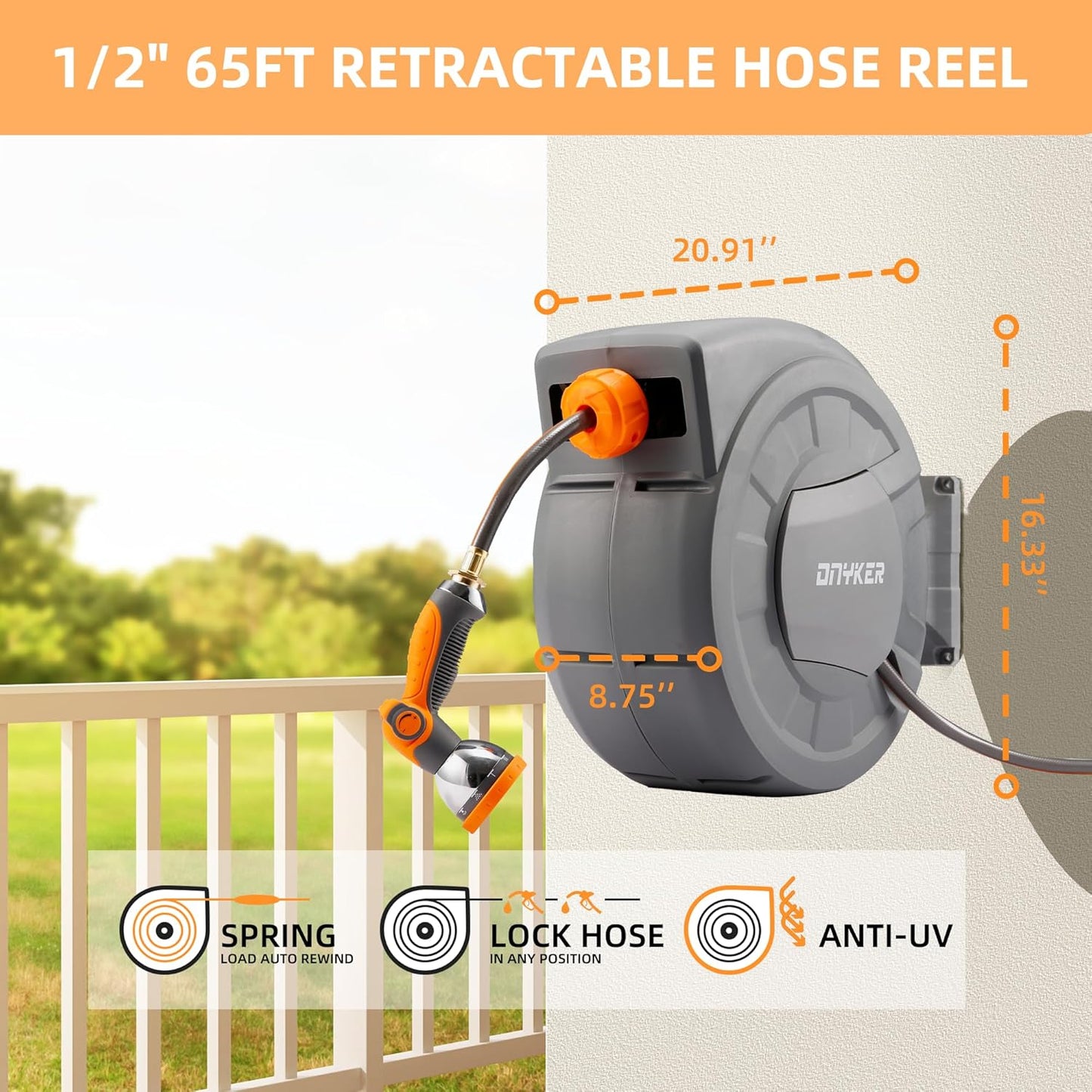Retractable Garden Hose Reel, 1/2 inch x 100 ft Water Hose Reel Wall Mounted, Any Length Lock, Slow Auto-Rewind, 180°Swivel Bracket & 10 Pattern Nozzle