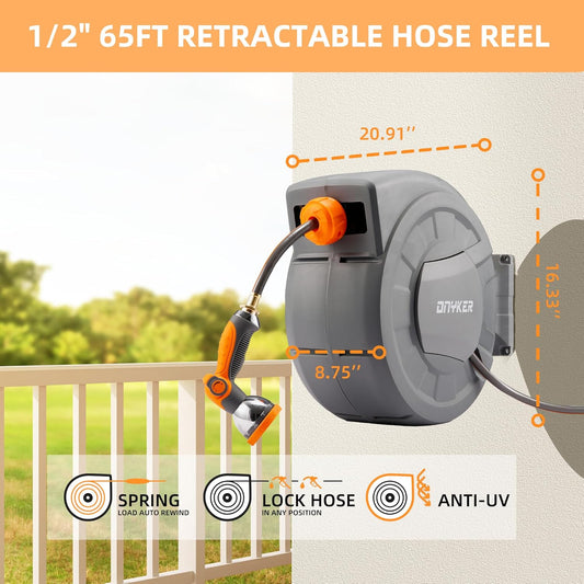Retractable Garden Hose Reel, 1/2 inch x 100 ft Water Hose Reel Wall Mounted, Any Length Lock, Slow Auto-Rewind, 180°Swivel Bracket & 10 Pattern Nozzle