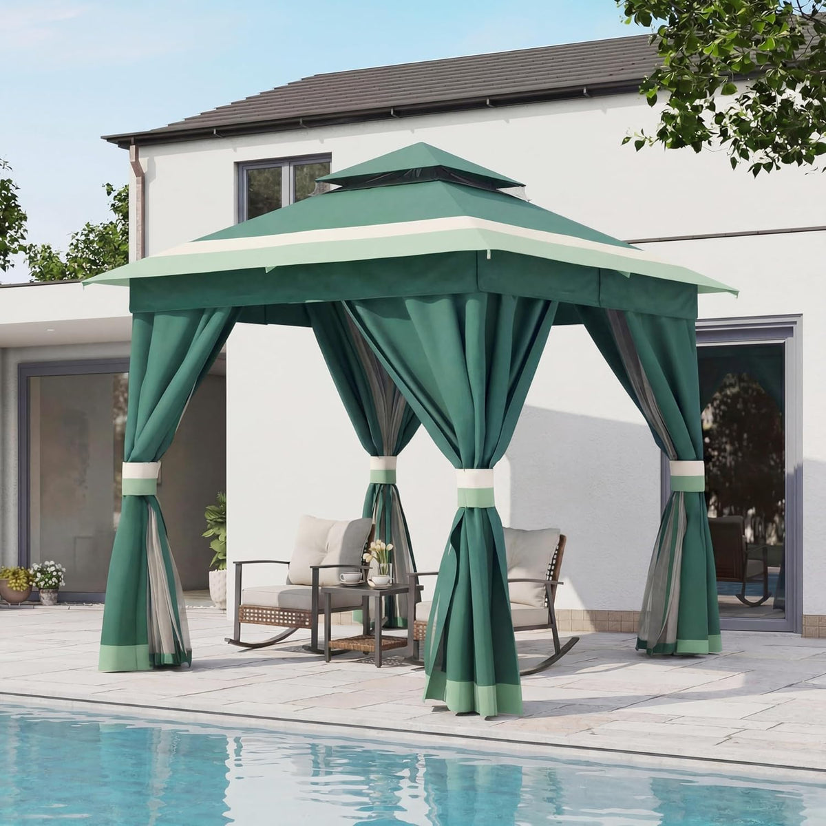 10x20 Gazebo Canopy with 100FT String Lights, Metal Heavy Duty Patio Canopy Tent with Double Roofs, Mosquito Nettings and Privacy Screens for Backyard, Garden, Lawn, Gray