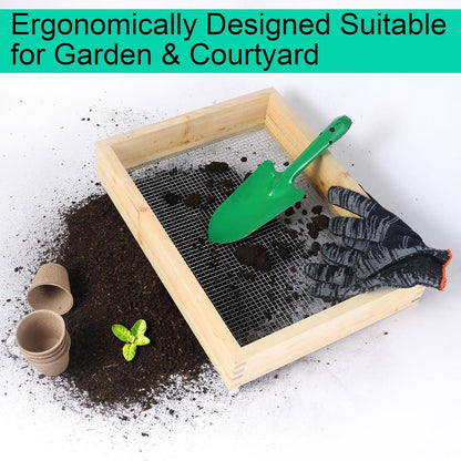 15.74" x 11.81" Soil Sifter - Steel Wire Mesh & Natural Wood Dirt Sifter for Gardening - Compost, Rock, & Dirt Sifter Tool with Gloves and Trowel- Essential Garden Tool for Flower & Vegetable Planting