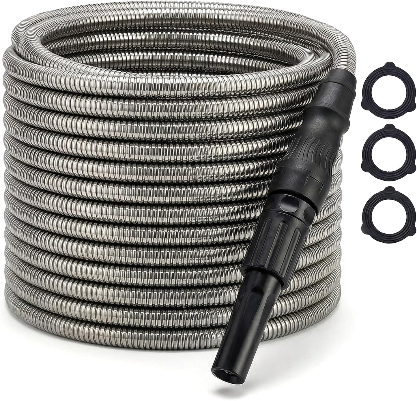 Bernini 40-Ft Metal Garden Hose with Storage Pot, Heavy-Duty, Flexible and Expandable Garden Hose, Kink-Free Stainless Steel, Includes Spray Nozzle & Brass Fittings