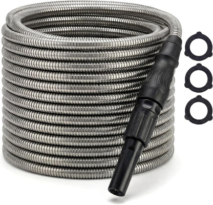 Bernini 40-Ft Metal Garden Hose with Storage Pot, Heavy-Duty, Flexible and Expandable Garden Hose, Kink-Free Stainless Steel, Includes Spray Nozzle & Brass Fittings